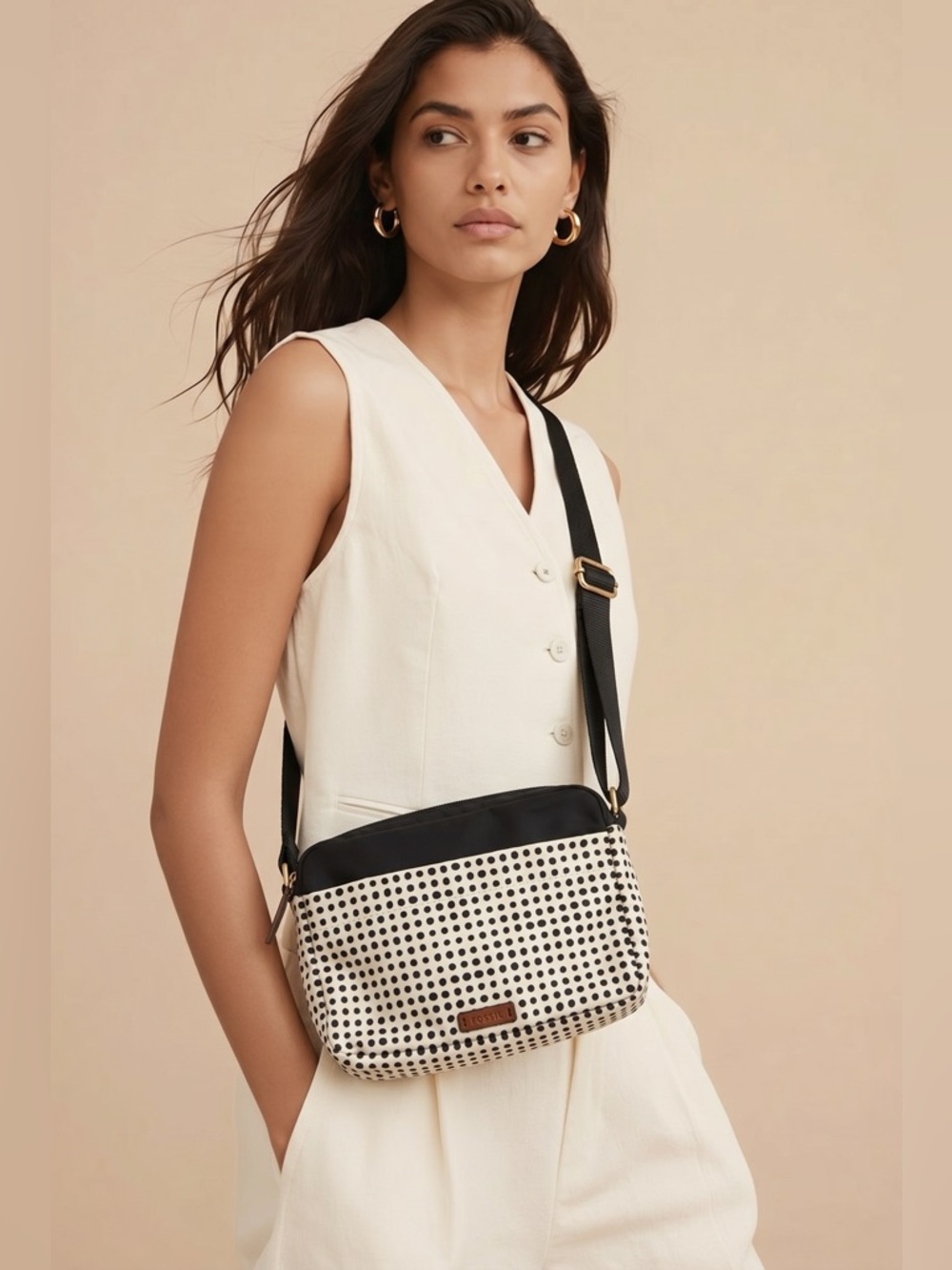Fossil Polka Crossbody Dot Bag Purse Canvas White Coated Black Shoulder